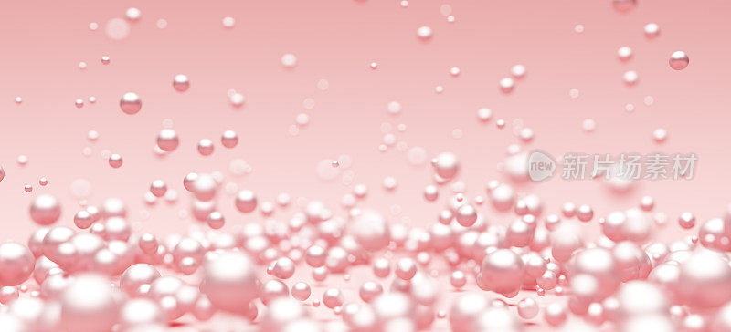 珍珠泡泡，粉红色，金光闪闪的球体漂浮或落下，分散模糊。球亮在淡粉色渐变背景豪华优雅的广告化妆美容或护肤背景。3 d演示。